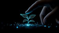 Glowing digital plant sprout with blue neon light effect and hand reaching towards it on dark background, representing growth, innovation and environmental technology.