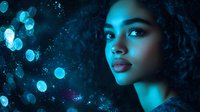 Young woman with curly hair in profile against dark blue background with glowing bokeh lights creating dreamy atmosphere.