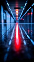Futuristic corridor with red and blue neon lights reflecting on wet floor creating dramatic perspective and modern cyberpunk atmosphere for technology concepts.