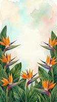 Watercolor tropical border with vibrant bird of paradise flowers and lush green leaves framing soft pastel background with copy space.
