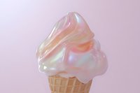Holographic iridescent soft serve ice cream cone with rainbow shimmer effect on pastel pink background for trendy dessert designs.