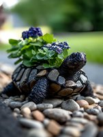 Garden decoration stone turtle figurine on pebble background with blooming violet flowers and green leaves, outdoor nature decor for landscaping.
