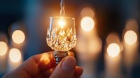 Crystal cut glass with glowing candle light creating magical bokeh effect against dark background, romantic evening ambiance for celebration or holiday.