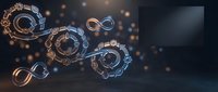 Metallic gears and cogs with glowing light particles floating on dark background, representing technology, innovation, and mechanical engineering concepts.