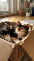 Adorable calico kitten sleeping peacefully in cardboard box on wooden floor with houseplants and natural sunlight streaming through window in cozy home interior.