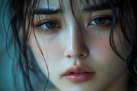 Close up portrait of young Asian woman with messy dark hair against turquoise background, featuring dramatic lighting and soft makeup highlighting natural beauty.