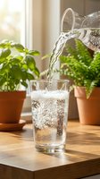 Water pouring into glass with ice and lemon slice, potted green plants on wooden table by window, refreshing beverage for hydration and wellness.