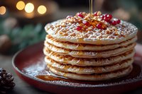Stack of homemade pancakes with maple syrup drizzle, powdered sugar, and fresh red berries on rustic ceramic plate against dark moody background.
