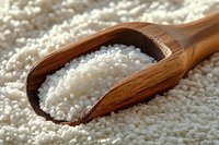 Raw white rice grains in wooden scoop against scattered rice background, macro food photography showing texture and natural ingredients for cooking.