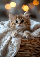 Adorable fluffy kitten with big eyes resting in wicker basket wrapped in soft white blanket against warm bokeh lights background. Perfect for greeting cards.