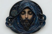 Mystical bearded man in blue hooded robe with celestial ornaments and flowing patterns, eyes closed in meditation against dark background, spiritual art design.