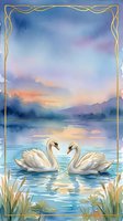 Pair of white swans floating on calm lake water at sunrise with misty mountains, golden decorative frame border, watercolor style artwork for wedding invitations, greeting cards, and romantic home decor.