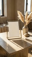 Minimalist home office workspace with brass photo frame, pampas grass in ceramic vase and natural sunlight creating warm shadows on wooden desk.