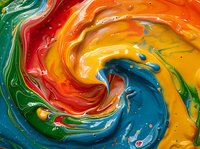 Vibrant swirling paint mixture with yellow, blue, red, orange, and green colors creating a dynamic fluid art pattern. Abstract acrylic pour technique.