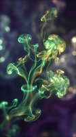 Colorful smoke swirls in green and yellow hues against dark background creating abstract flowing patterns for artistic and creative design projects.