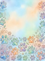 Colorful paw prints border a soft watercolor gradient background in pastel tones, creating an isolated frame design suitable for pet-related projects, greeting cards, and children's materials.