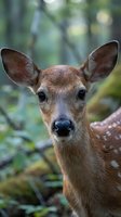 Young deer fawn portrait with large ears and spotted coat in natural forest habitat with soft bokeh background for wildlife photography projects.