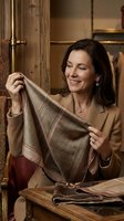 Middle-aged woman with long dark hair and fair complexion, wearing a camel-colored blazer, examining fabric swatches in an upscale interior design showroom with wooden furnishings and warm lighting.