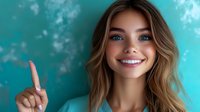 Young woman with bright smile and wavy blonde hair pointing finger up against turquoise wall background, showing positive emotion and confidence.