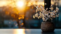 Spring cherry blossom branches in wicker basket on wooden table with warm golden sunset bokeh background for home decor and seasonal arrangements.