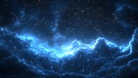 Glowing blue nebula with lightning-like energy streams across dark space background, surrounded by stars and cosmic clouds creating mystical atmosphere.