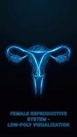 Digital wireframe uterus and ovaries glowing blue on dark background for medical education, healthcare presentations and reproductive health concepts.