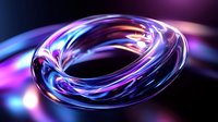 Abstract twisted ring shape with holographic neon colors blue and purple on dark background, futuristic glowing metallic surface with light reflections.