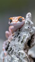 Orange gecko with large eyes perched on textured branch against blurred background for wildlife and nature photography projects.