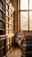 Adorable tabby cat wearing glasses sitting among vintage books in cozy library with warm sunlight streaming through windows creating scholarly atmosphere.
