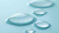 Clear water drops on light turquoise surface with soft shadows and reflections create minimalist composition with depth and transparency. Macro photography.