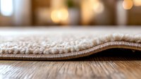 Soft beige carpet edge on wooden floor with blurred warm lights in background, showing texture and thickness of modern area rug interior detail.