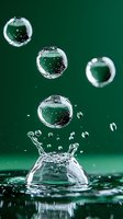 Transparent water droplets bouncing above splash crown against deep green background, creating dynamic liquid motion effect.