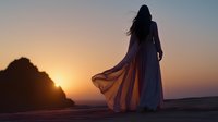 Young woman in flowing white dress standing on beach at sunset, silhouetted against golden sky with dress billowing dramatically in ocean breeze, hair blowing in wind.