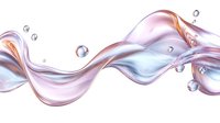 Flowing abstract liquid waves in soft pink and blue colors with transparent water drops and bubbles on white background, modern fluid art design element.