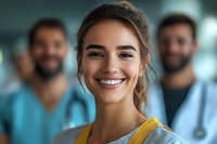 Young female healthcare professional in yellow and blue uniform smiling warmly at camera with medical team in background, representing positive workplace atmosphere.