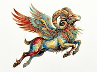Colorful winged ram leaping in ornate folk art style, isolated on transparent background, ready for t-shirt design, stickers, clipart, and print on demand use.