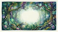 Enchanted forest frame with magical plants and mystical foliage creating circular border for fairy tale designs and fantasy storytelling projects.