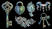 Watercolor keys and heart lock clipart set, isolated on transparent background. Great for stickers, t-shirt design, print on demand, sublimation, and digital crafts.