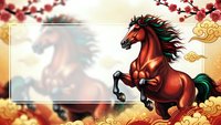 Majestic red horse rearing with flowing mane amid golden clouds and cherry blossoms in traditional Asian art style for lunar new year celebrations.