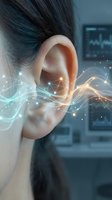 Human ear with glowing digital sound waves and light effects representing audio technology, hearing enhancement, and futuristic communication concepts.
