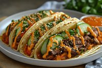 Asian fusion tacos with tender pulled meat, fresh cucumber, carrots, and sesame seeds, topped with spicy sauce and herbs on corn tortillas served on gray plate.