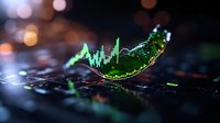 Glowing green financial chart with stock market data visualization floating over dark surface with bokeh lights, showing upward market trend analysis.