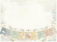 Whimsical nursery banner with pastel flags featuring celestial and animal motifs, surrounded by clouds, stars, and botanical elements on isolated white background, ready for baby shower designs and children's room decor.