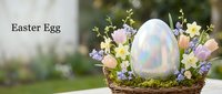 Decorated Easter egg with pastel floral arrangement in woven basket, spring holiday celebration decoration for seasonal greeting cards and festive designs.