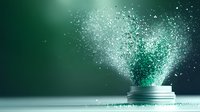 Magical glowing particles rising from white pedestal against dark green background, creating ethereal atmosphere for luxury product presentation.