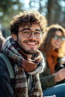 Happy young man with curly hair and glasses wearing colorful knitted scarf smiling outdoors in autumn park with friends enjoying social gathering.