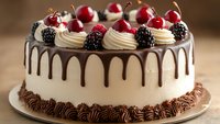 Elegant cream cake decorated with chocolate drip, fresh cherries and blackberries on top, whipped cream swirls and chocolate piping around base, served on wooden surface.