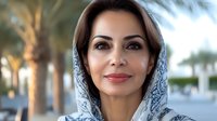 Middle Eastern woman wearing traditional white patterned hijab smiles warmly at camera with palm trees in soft focus background, representing cultural diversity and modern lifestyle.