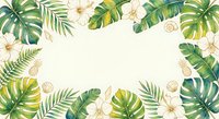 Tropical leaves frame with monstera, palm fronds and hibiscus flowers on cream background. Botanical border design for summer projects and natural themes.