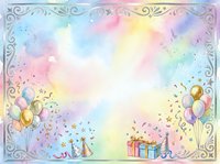 Pastel rainbow watercolor birthday party background with balloons, gift boxes, confetti and decorative border for celebration invitations and cards.